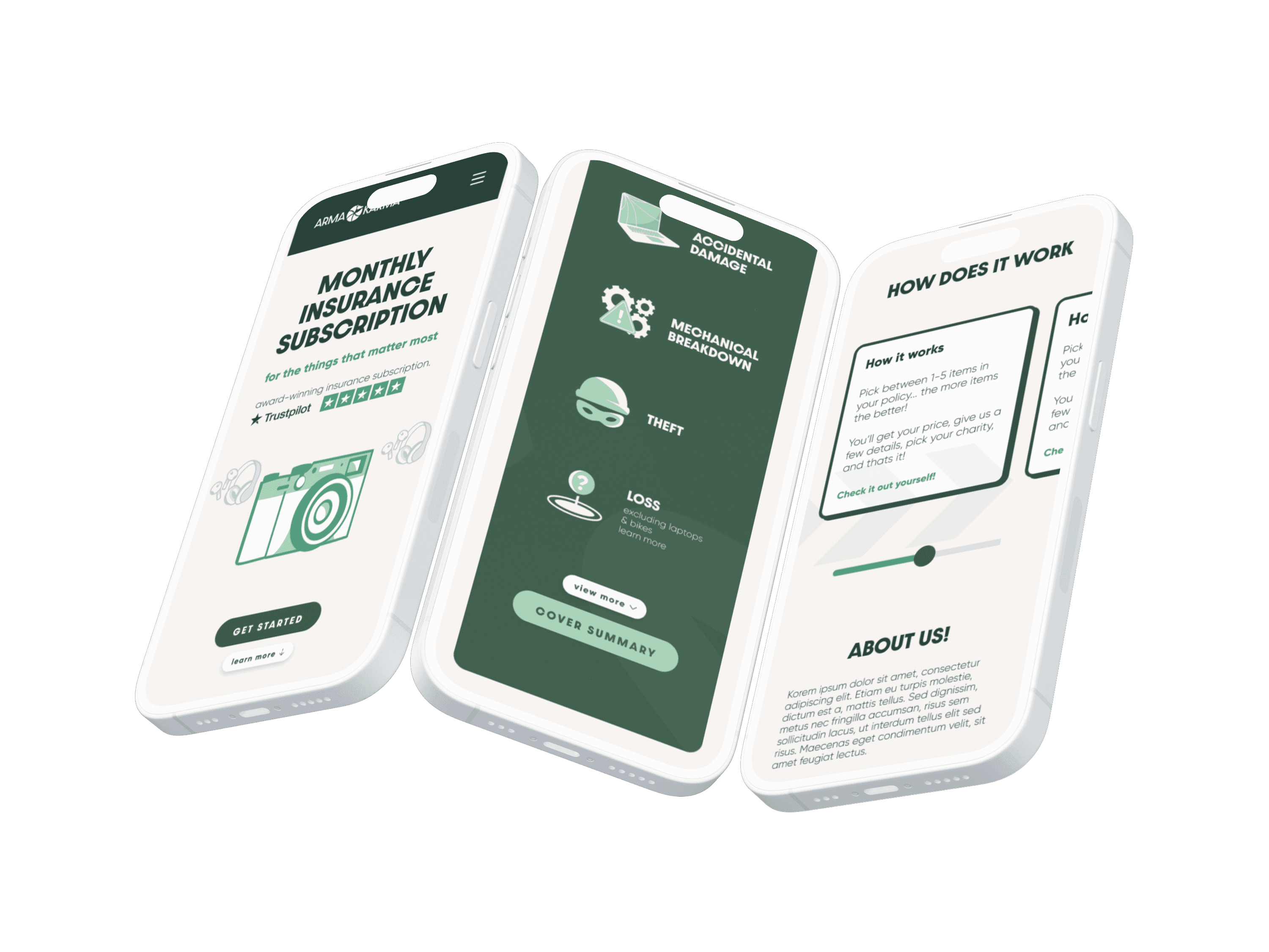 Three phones showing the Arma Karma insurance system