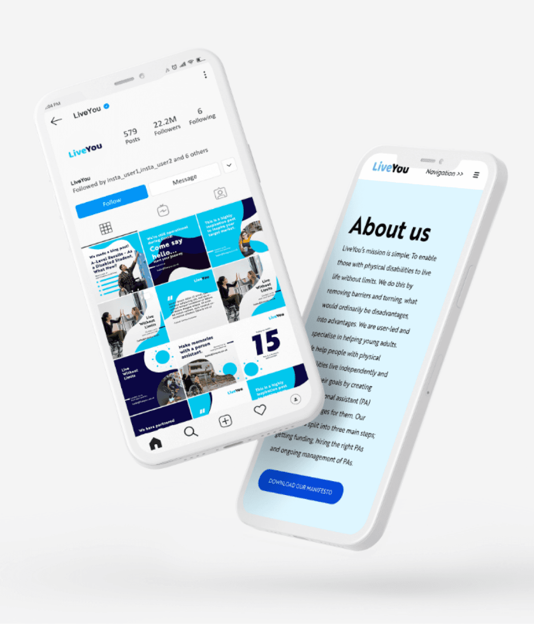 Two phones showing Live You social media